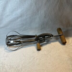 Vtg EKCO Egg Beater High Speed Hand Crank Mixer Stainless Steel Wood Handles USA